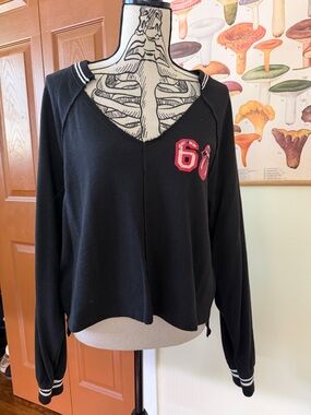 Pilcro Black V-Neck Pullover Sweatshirt with Red Patch Detail